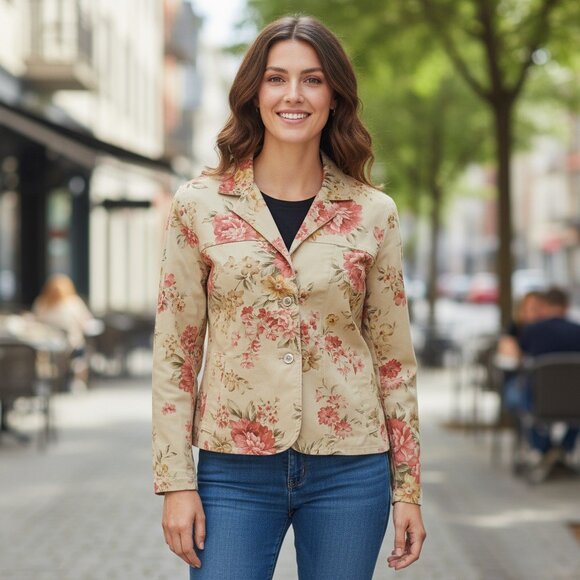 TALBOT'S Floral Denim Jacket Women's XS Petite Pockets Button Country Cottage - Picture 1 of 16